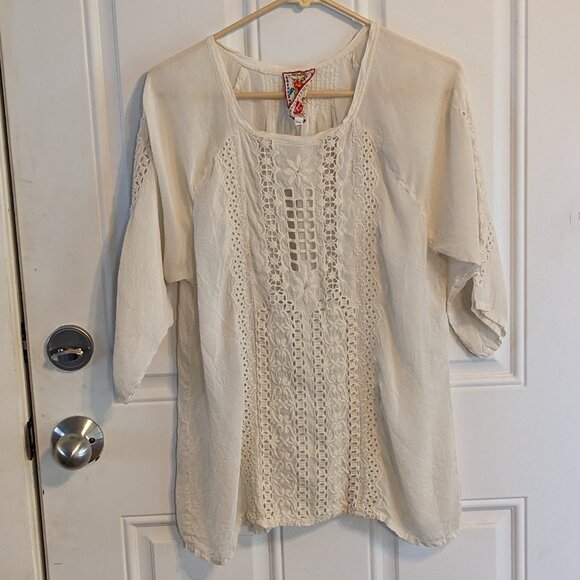 Johnny Was Collection "Liya" Georgette Tunic Blouse Embroidery Eyelet Sz Medium - Picture 2 of 13